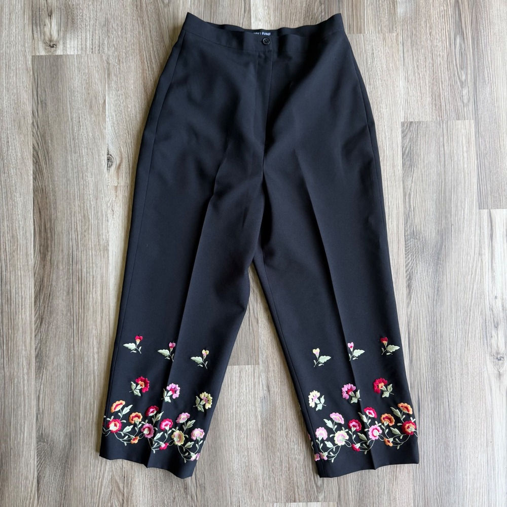 Vintage Black Floral Embroidered Ankle Pants High Rise Straight Womens Sz 8 - Picture 1 of 6